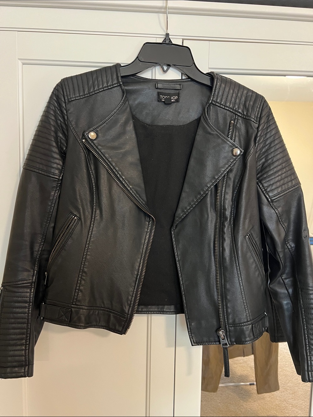 Topshop Black Faux Leather Biker Jacket with Quilted Shoulders